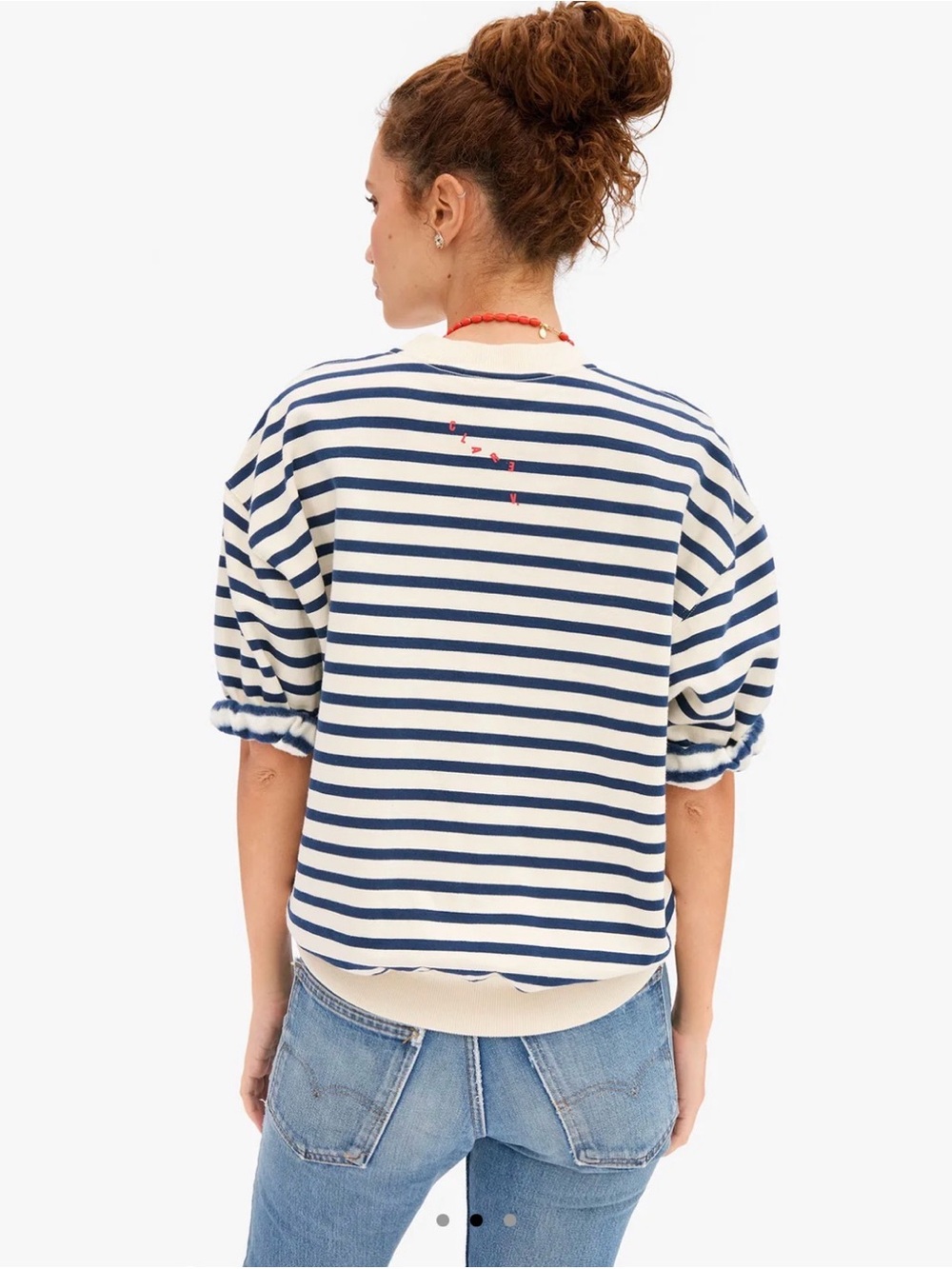 Striped Puff-Sleeve Sweatshirt - White & Navy - Picture 2 of 6